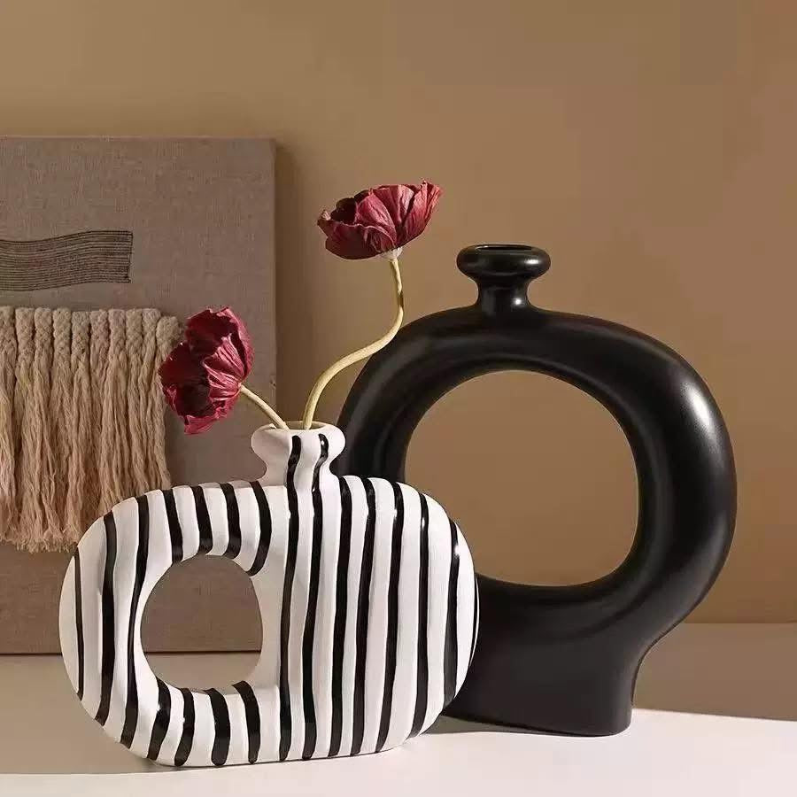 Modern Black & White Hollow Ceramic Vase Set