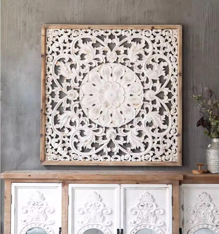 Handcarved Floral Wood Wall Panel