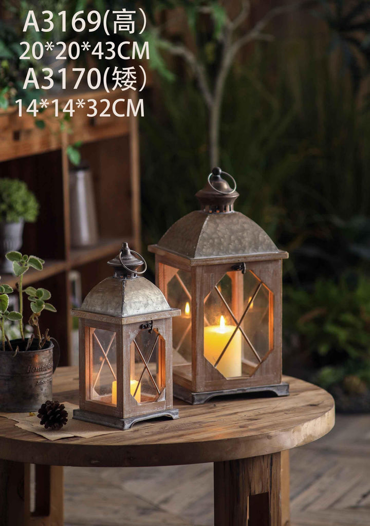 Rustic Metal & Wood Lantern Set of 2