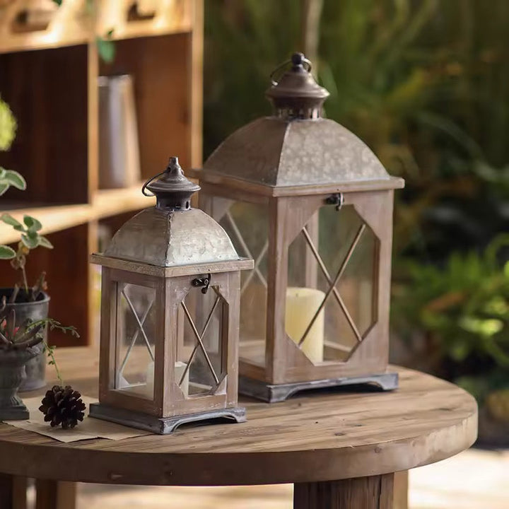 Rustic Metal & Wood Lantern Set of 2