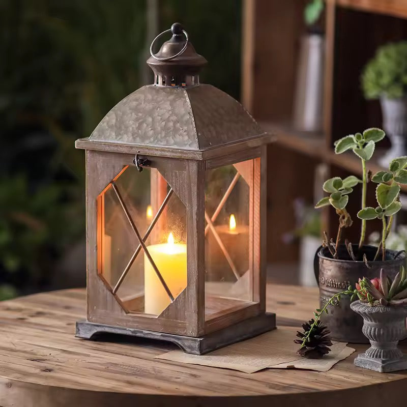 Rustic Metal & Wood Lantern Set of 2