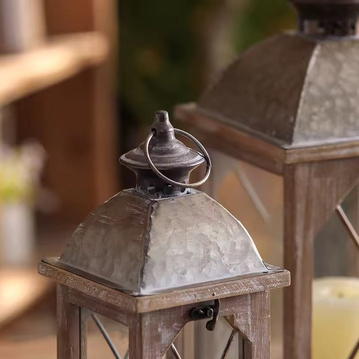 Rustic Metal & Wood Lantern Set of 2