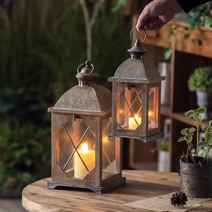 Rustic Metal & Wood Lantern Set of 2