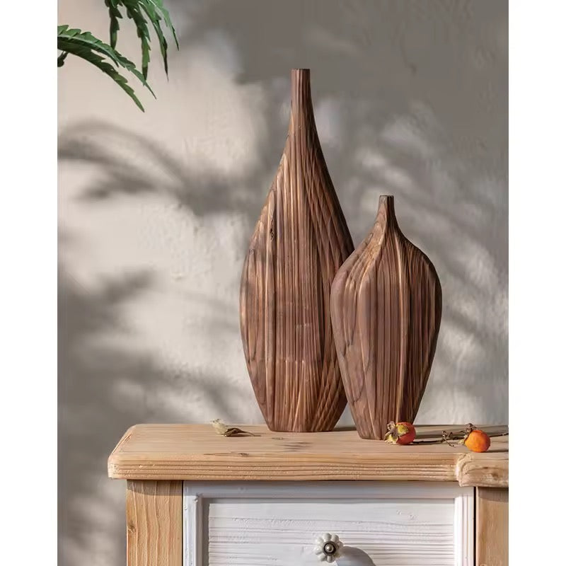 Carved Wooden Decorative Vase Set of 2