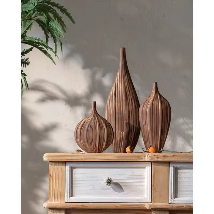 Carved Wooden Decorative Vase Set of 2