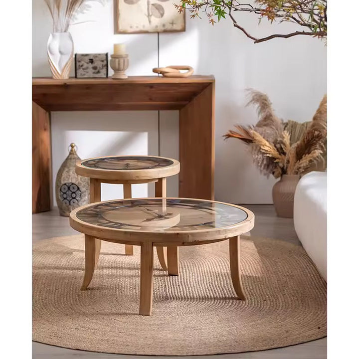 Round Wooden Coffee Table Set with Clock