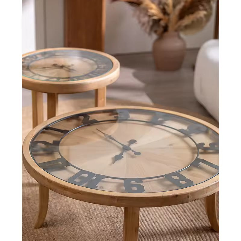 Round Wooden Coffee Table Set with Clock
