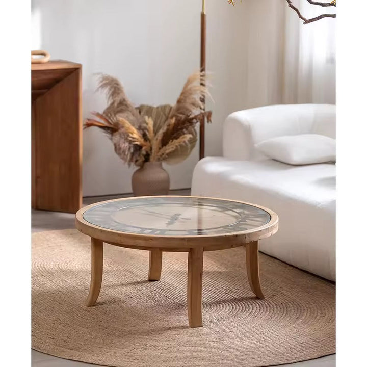 Round Wooden Coffee Table Set with Clock