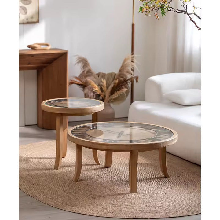 Round Wooden Coffee Table Set with Clock