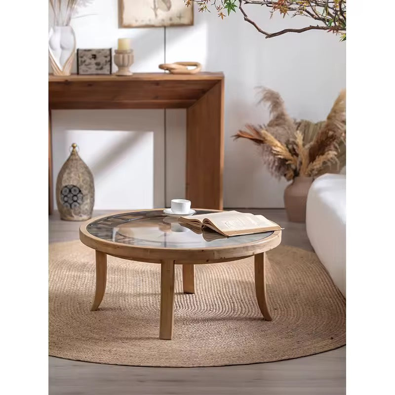 Round Wooden Coffee Table Set with Clock