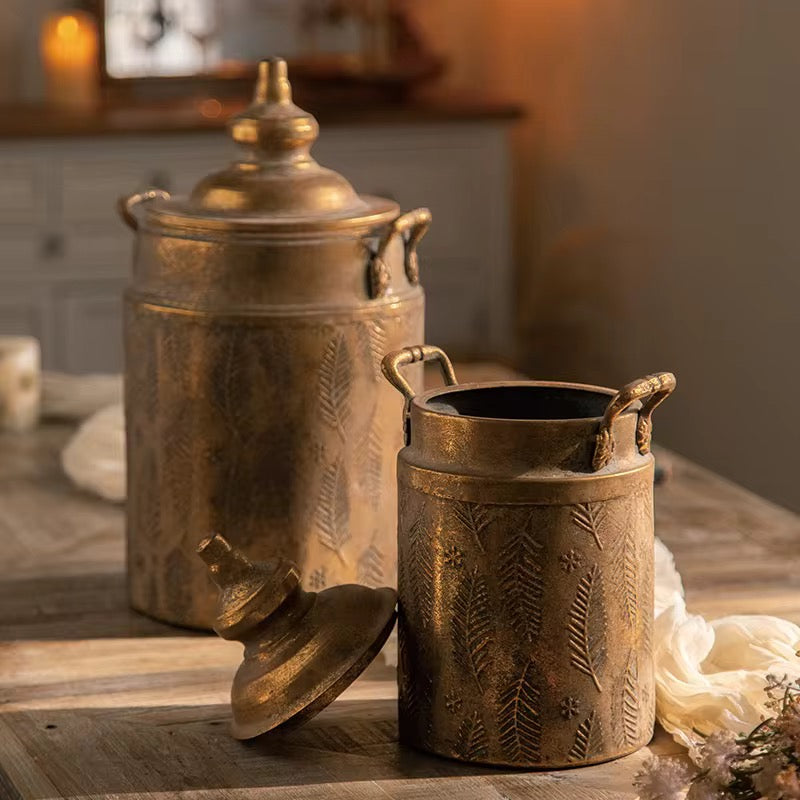 Antique Brass Jar Set of 2 with Floral Engraving