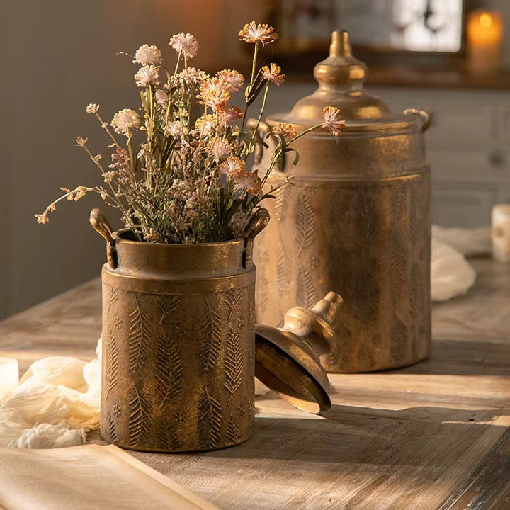 Antique Brass Jar Set of 2 with Floral Engraving
