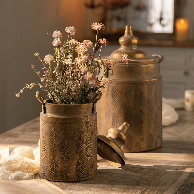 Antique Brass Jar Set of 2 with Floral Engraving
