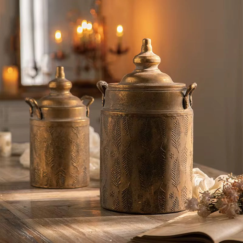 Antique Brass Jar Set of 2 with Floral Engraving