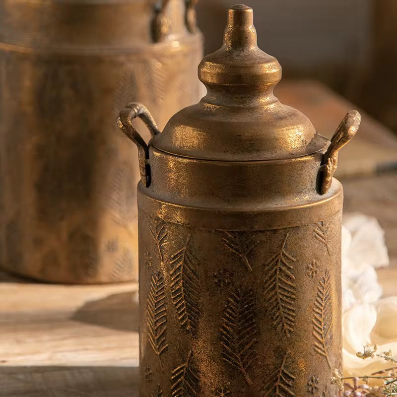 Antique Brass Jar Set of 2 with Floral Engraving