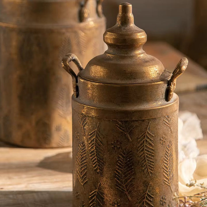 Antique Brass Jar Set of 2 with Floral Engraving