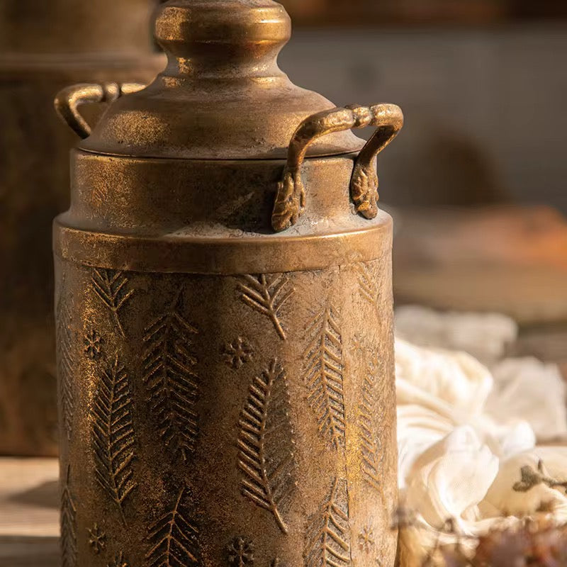 Antique Brass Jar Set of 2 with Floral Engraving