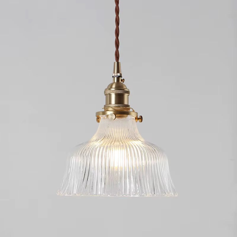 Vintage Green Or Clear Ribbed Glass Pendant Light with Brass Fittings