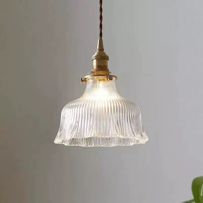 Vintage Green Or Clear Ribbed Glass Pendant Light with Brass Fittings