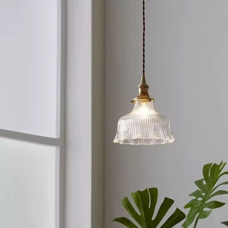 Vintage Green Or Clear Ribbed Glass Pendant Light with Brass Fittings