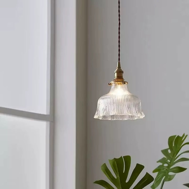 Vintage Green Or Clear Ribbed Glass Pendant Light with Brass Fittings