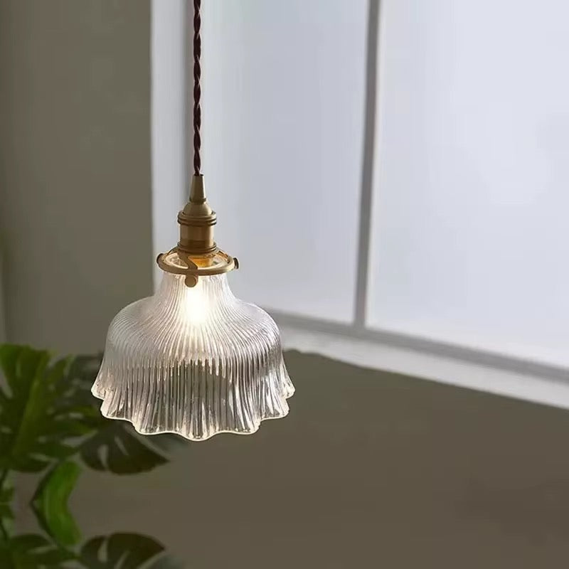 Vintage Green Or Clear Ribbed Glass Pendant Light with Brass Fittings