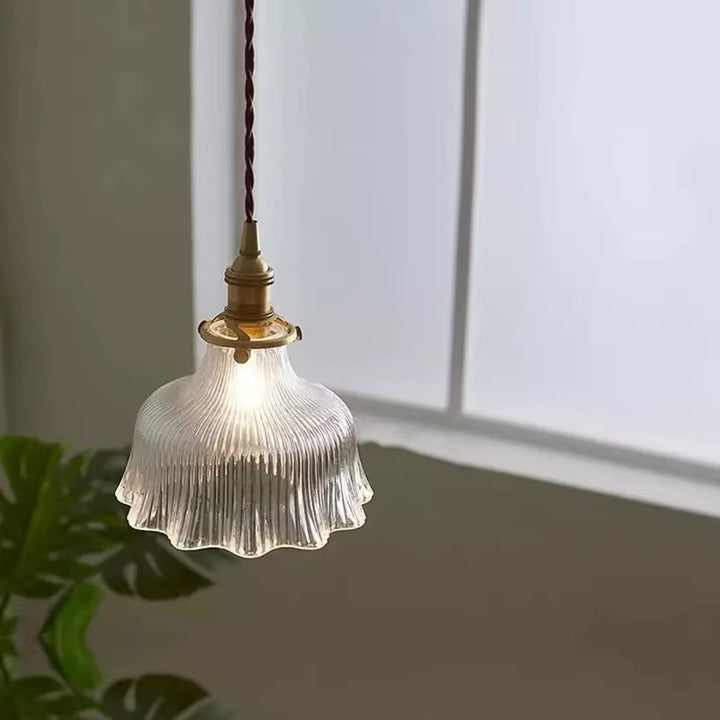 Vintage Green Or Clear Ribbed Glass Pendant Light with Brass Fittings