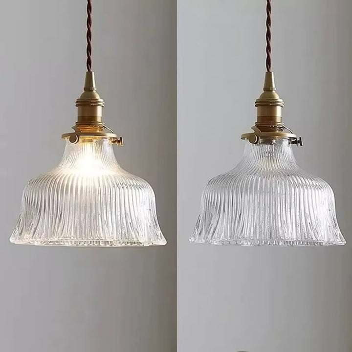 Vintage Green Or Clear Ribbed Glass Pendant Light with Brass Fittings