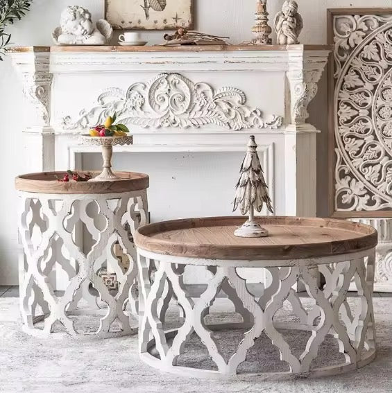 Rustic Carved Metal Coffee Table Set