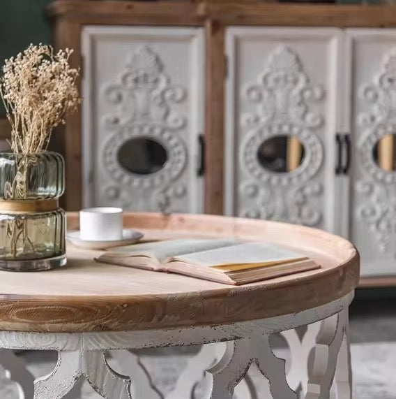 Rustic Carved Metal Coffee Table Set