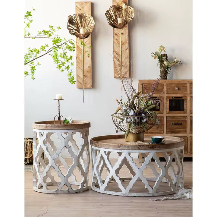Rustic Carved Metal Coffee Table Set