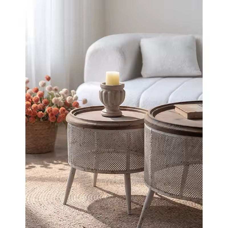 Table Storage Mesh Round Mesh Storage Coffee Tables - Stylish Set with Wooden Tops – Wadi Home