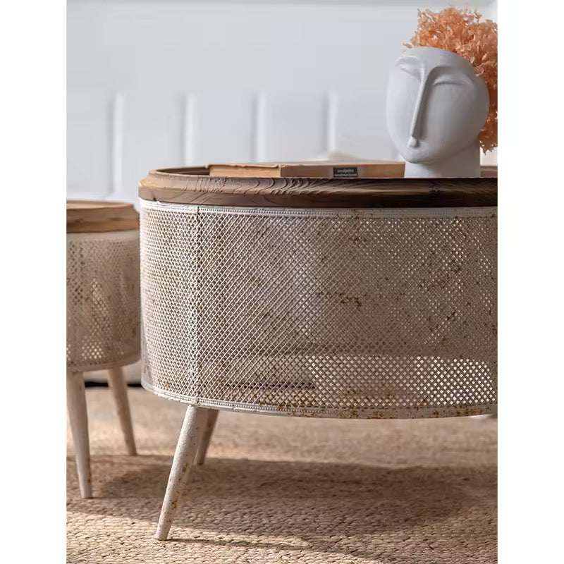 Table Storage Mesh Round Mesh Storage Coffee Tables - Stylish Set with Wooden Tops – Wadi Home