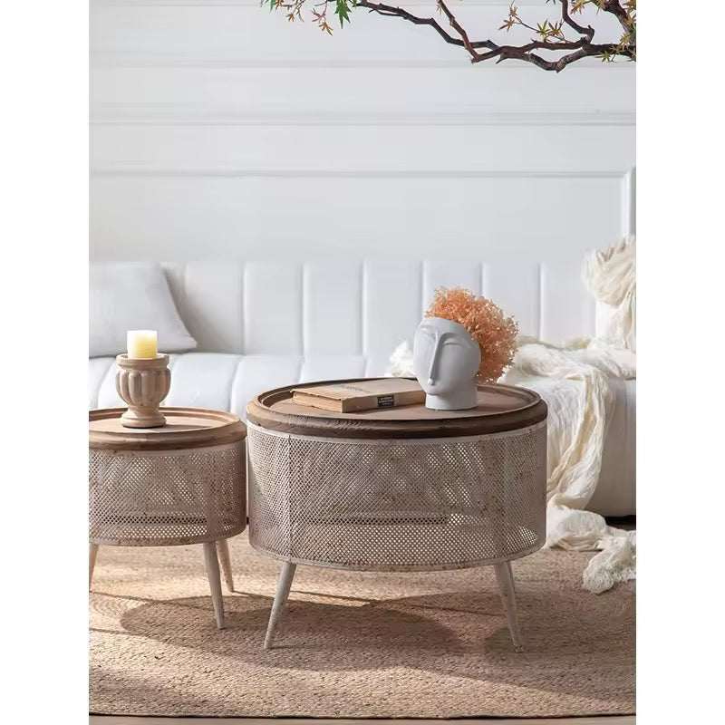 Table Storage Mesh Round Mesh Storage Coffee Tables - Stylish Set with Wooden Tops – Wadi Home