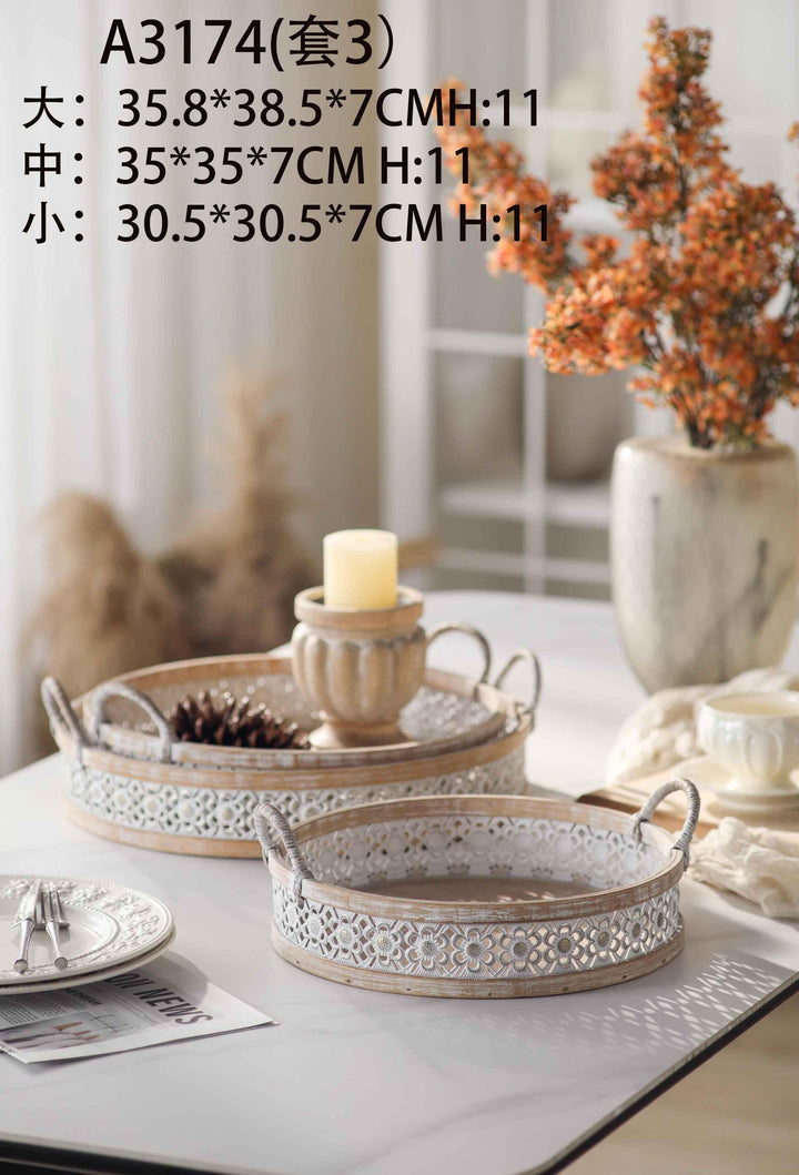 Set of 3 Rustic Floral Metal Serving Trays