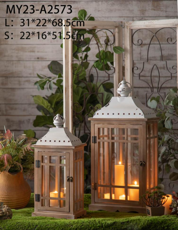 Set of 2 Rustic Wood & Metal Candle Lanterns