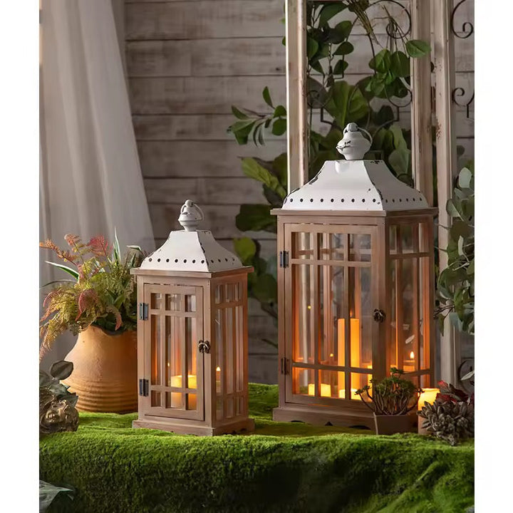Set of 2 Rustic Wood & Metal Candle Lanterns