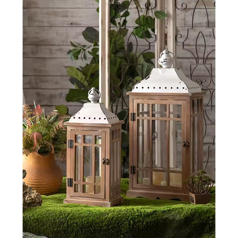 Set of 2 Rustic Wood & Metal Candle Lanterns