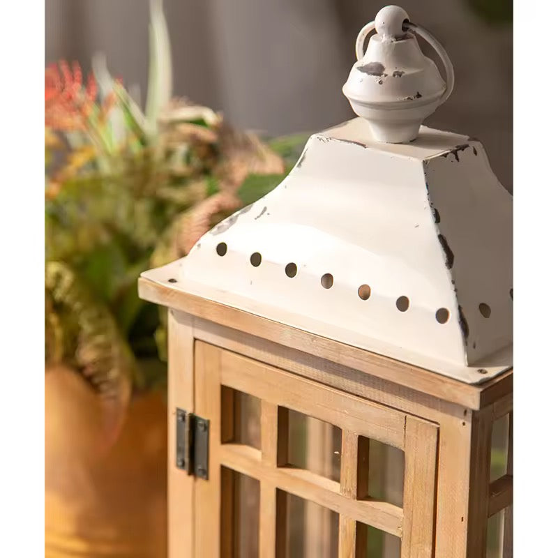 Set of 2 Rustic Wood & Metal Candle Lanterns