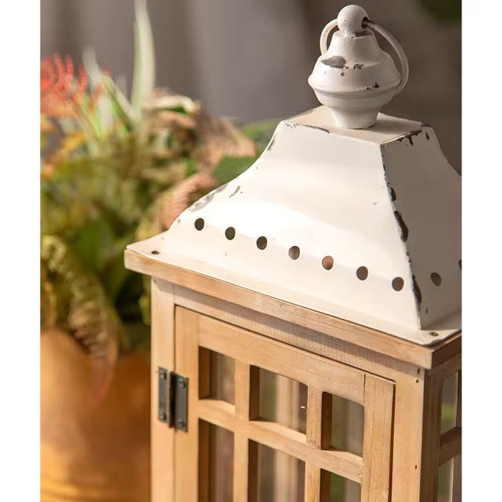 Set of 2 Rustic Wood & Metal Candle Lanterns