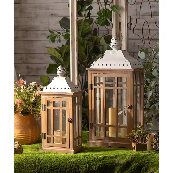 Set of 2 Rustic Wood & Metal Candle Lanterns