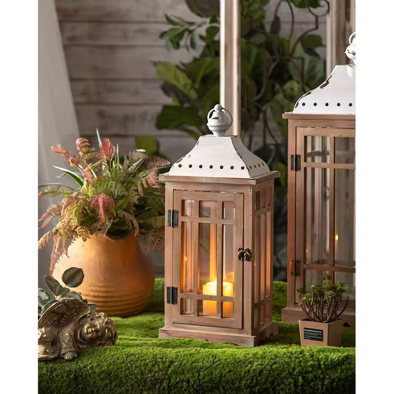 Set of 2 Rustic Wood & Metal Candle Lanterns