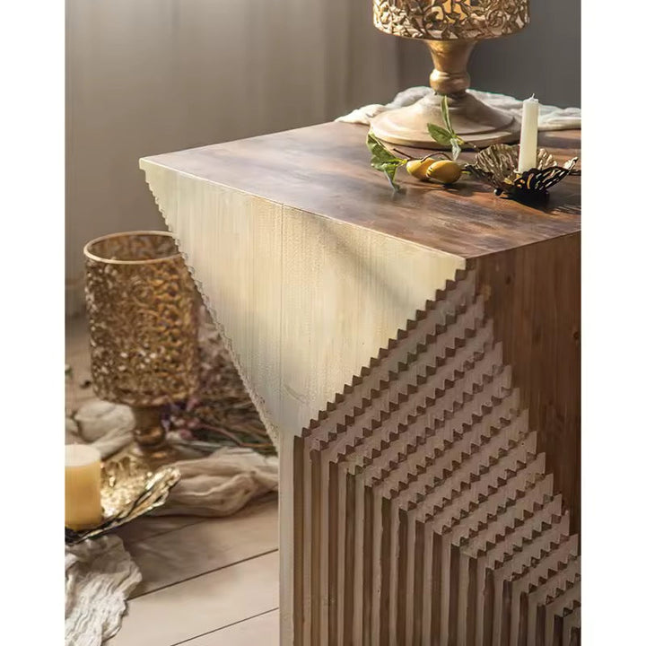 Geometric Carved Wood Side Table