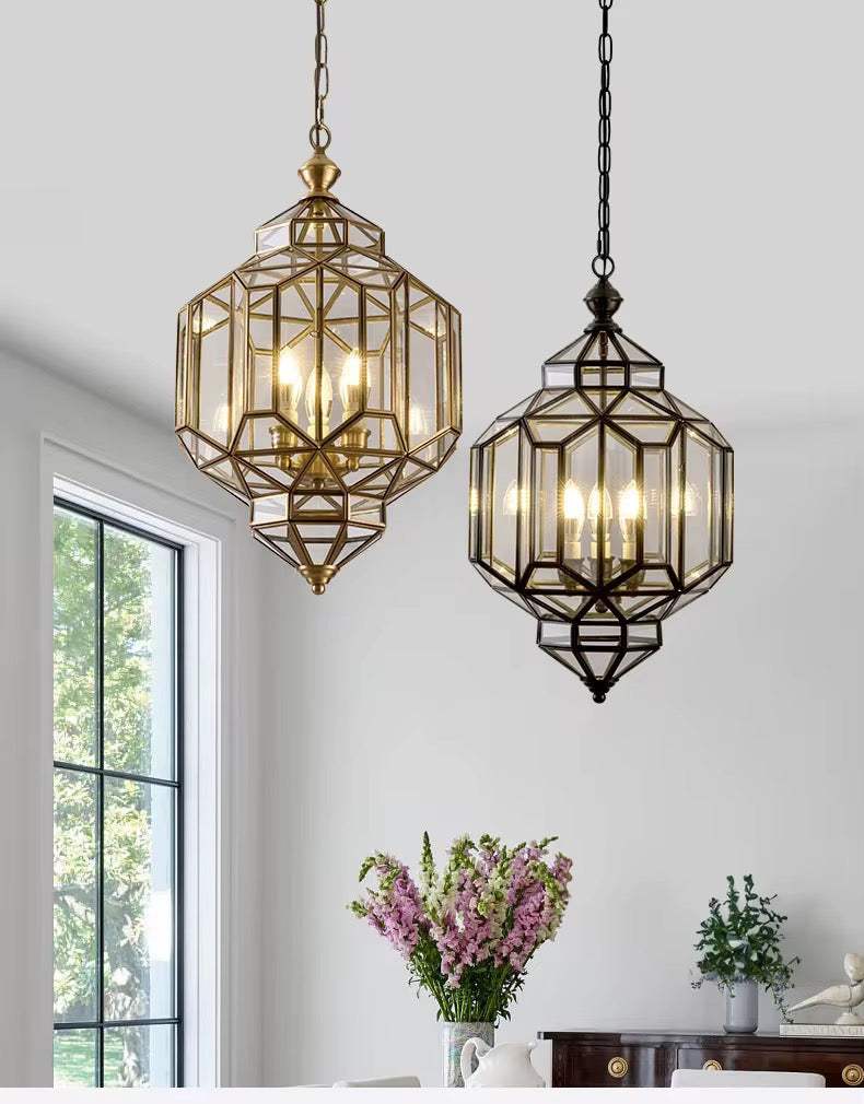 Geometric Lantern Chandelier with angular metal frame and clear glass panels in gold or black finish