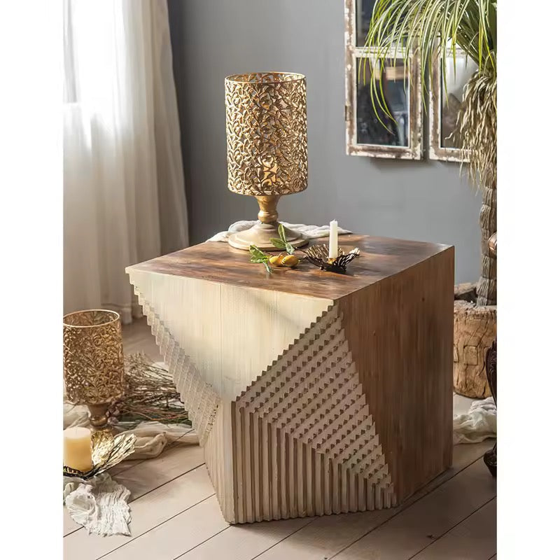 Geometric Carved Wood Side Table