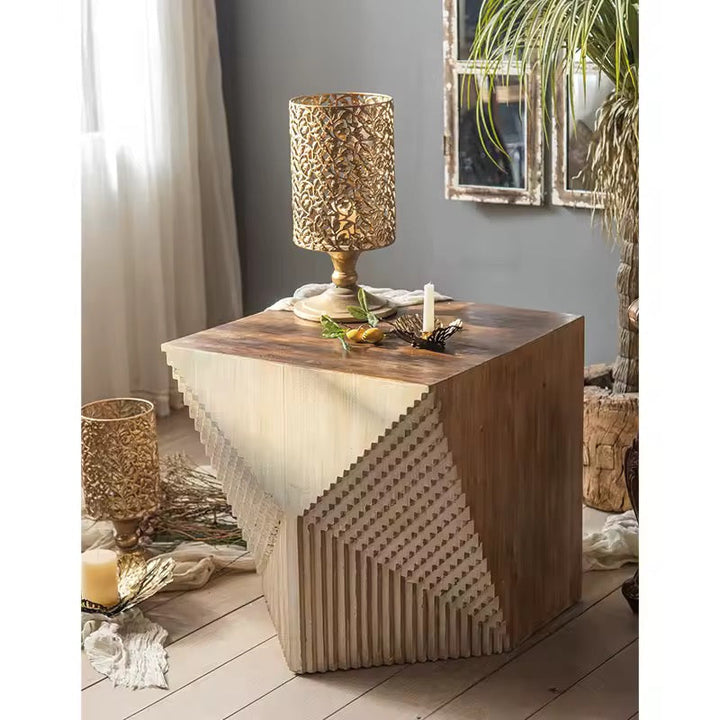 Geometric Carved Wood Side Table