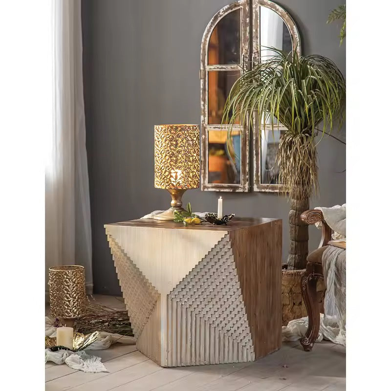 Geometric Carved Wood Side Table