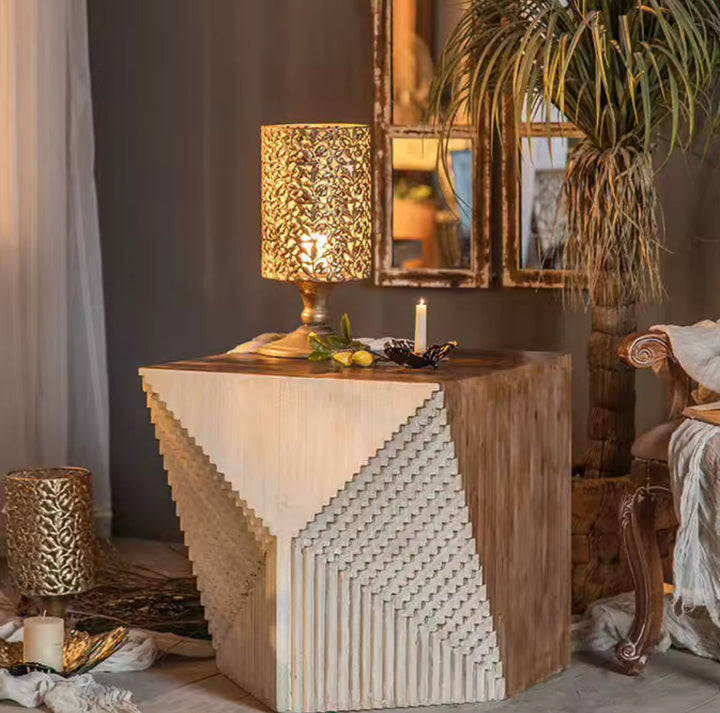 Geometric Carved Wood Side Table