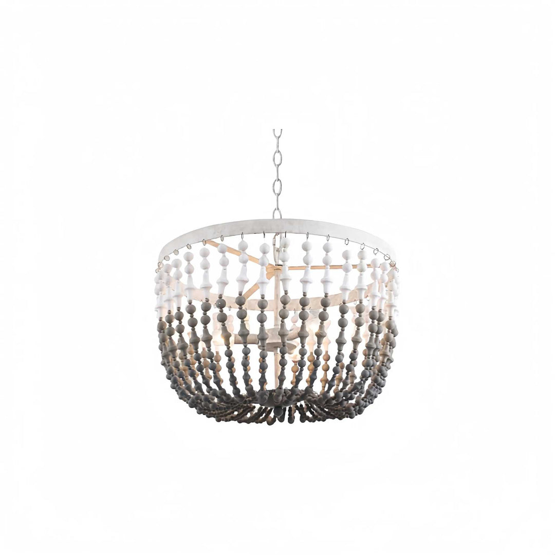White and grey beaded chandelier with cascading wooden beads for elegant home decor