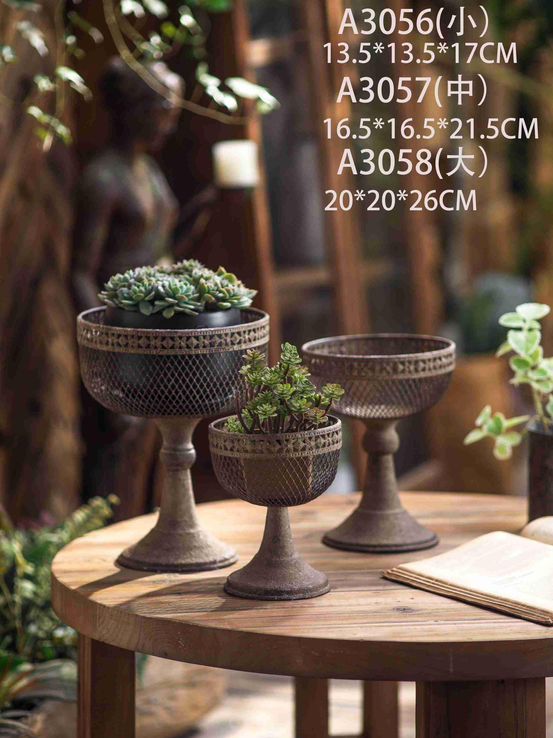 Set of 3 Vintage Pedestal Metal Planters